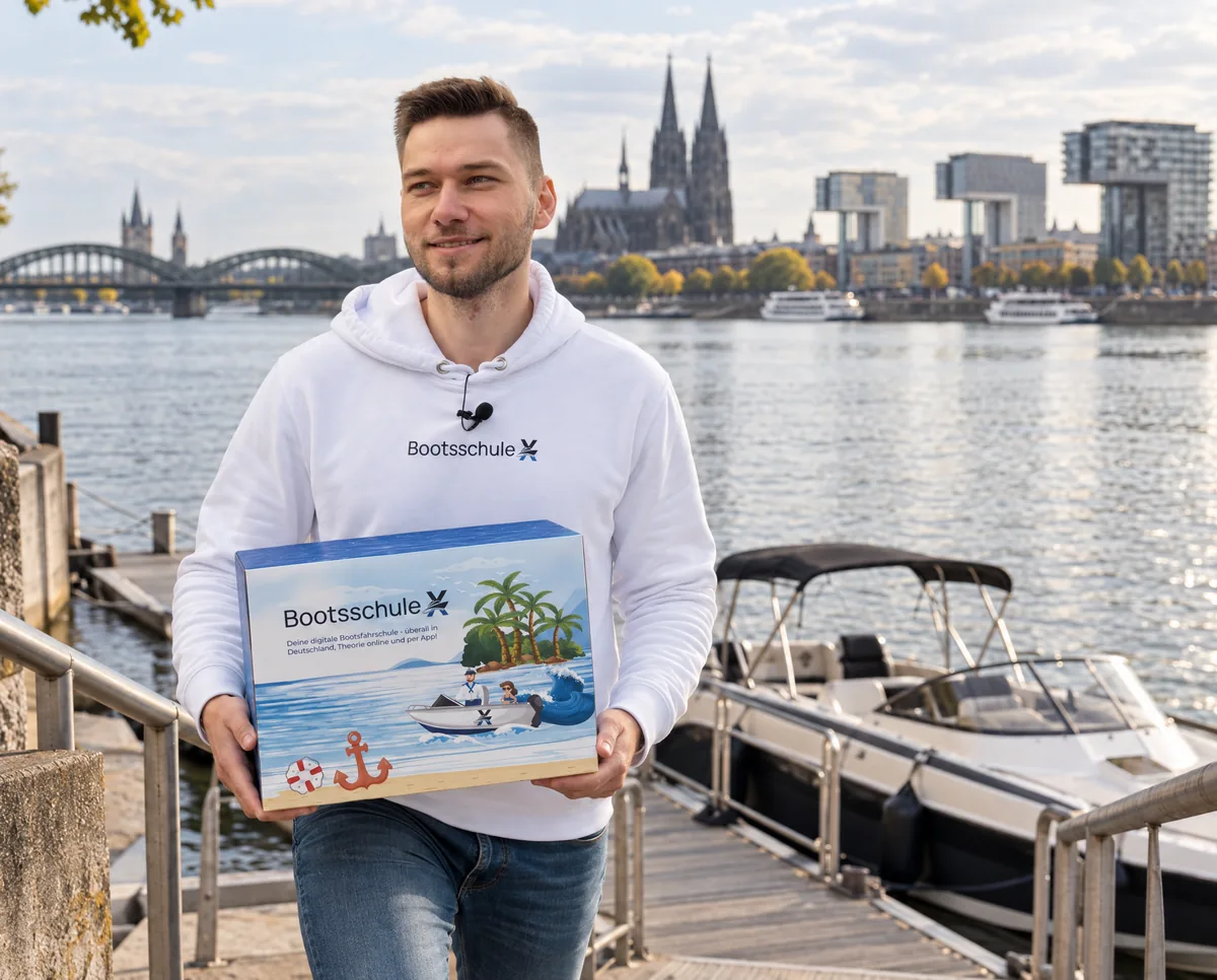Mann im BootsschuleX-Pullover kommt mit der Willkommensbox die Treppe zum Anleger herunter, dahinter der Rhein, der Dom und die Kranhäuser