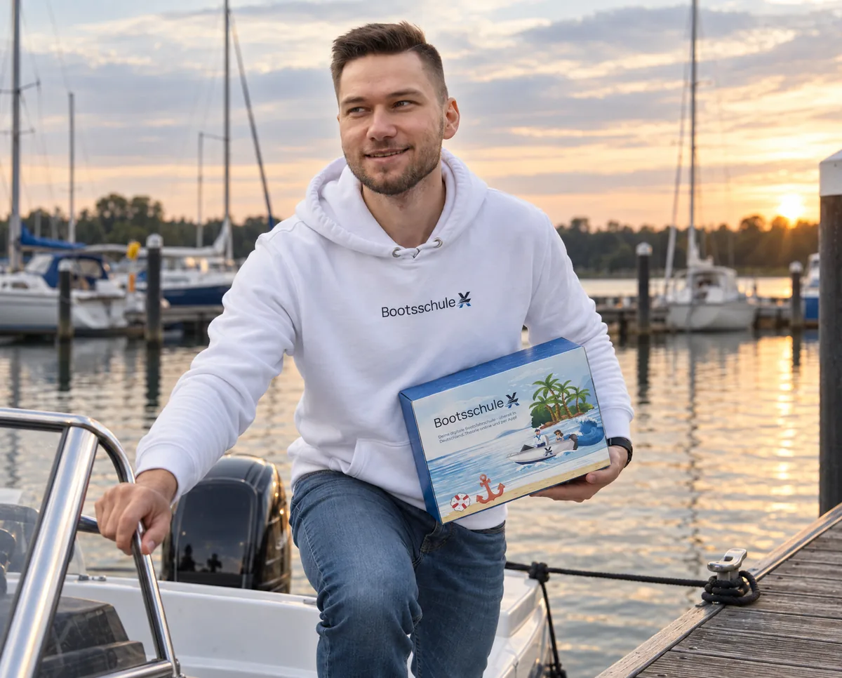 Mann im BootsschuleX-Pullover steigt mit der Willkommensbox aus einem Motorboot auf den Steg eines Yachthafens im Abendlicht