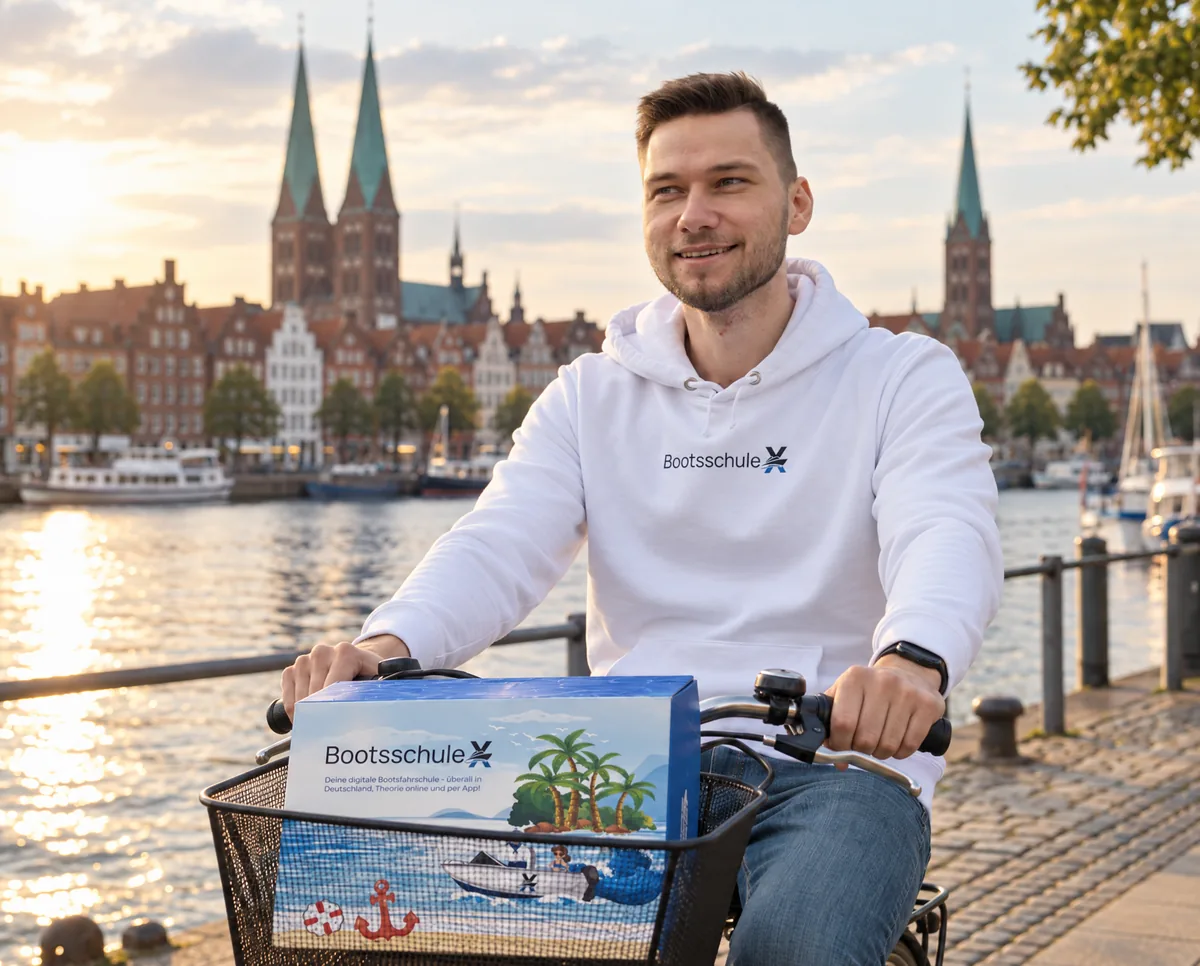 Mann im BootsschuleX-Pullover fährt mit der Willkommensbox im Fahrradkorb am Wasser entlang, dahinter Giebelhäuser und Kirchtürme der Altstadt