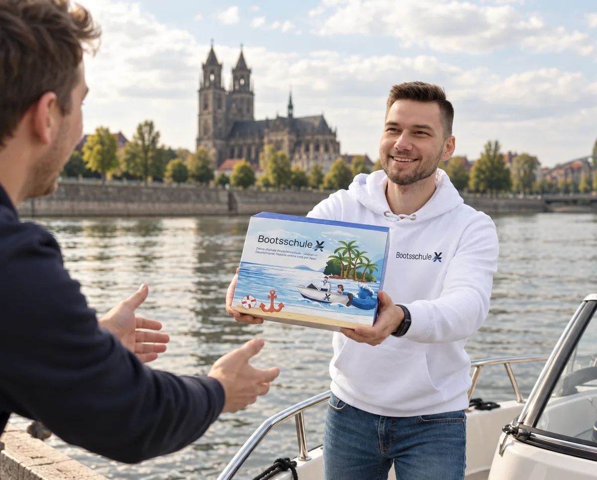 Mann im BootsschuleX-Pullover reicht die Willkommensbox vom Boot an einen Freund am Elbufer, dahinter der Dom mit zwei Türmen