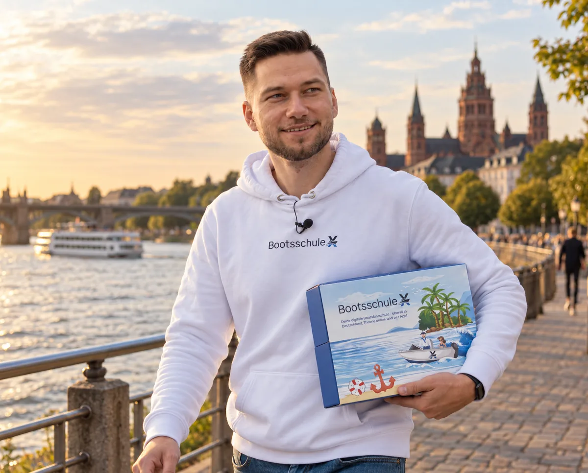 Mann im BootsschuleX-Pullover geht mit der Willkommensbox über die Rheinpromenade, dahinter der Dom über der Altstadt im Abendlicht