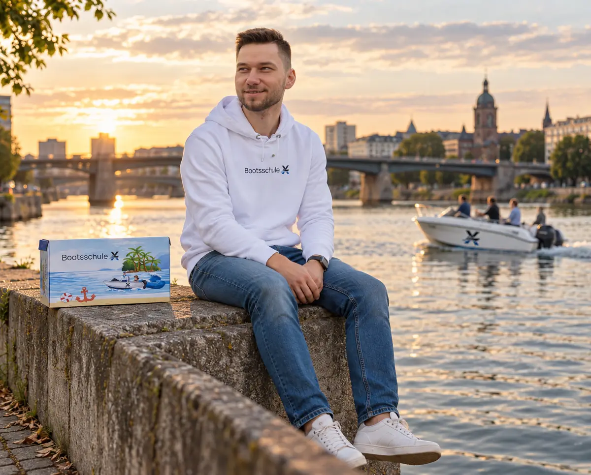 Mann im BootsschuleX-Pullover sitzt auf der Ufermauer am Neckar, neben ihm die Willkommensbox, auf dem Fluss fährt ein Motorboot