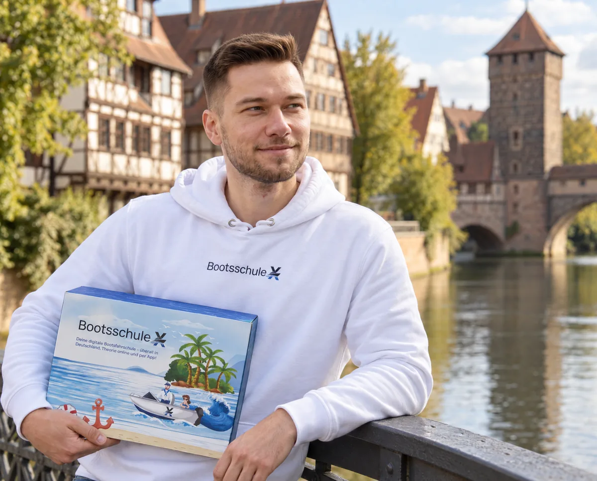 Mann im BootsschuleX-Pullover lehnt mit der Willkommensbox an einem Geländer an der Pegnitz, dahinter Fachwerkhäuser und ein Turm