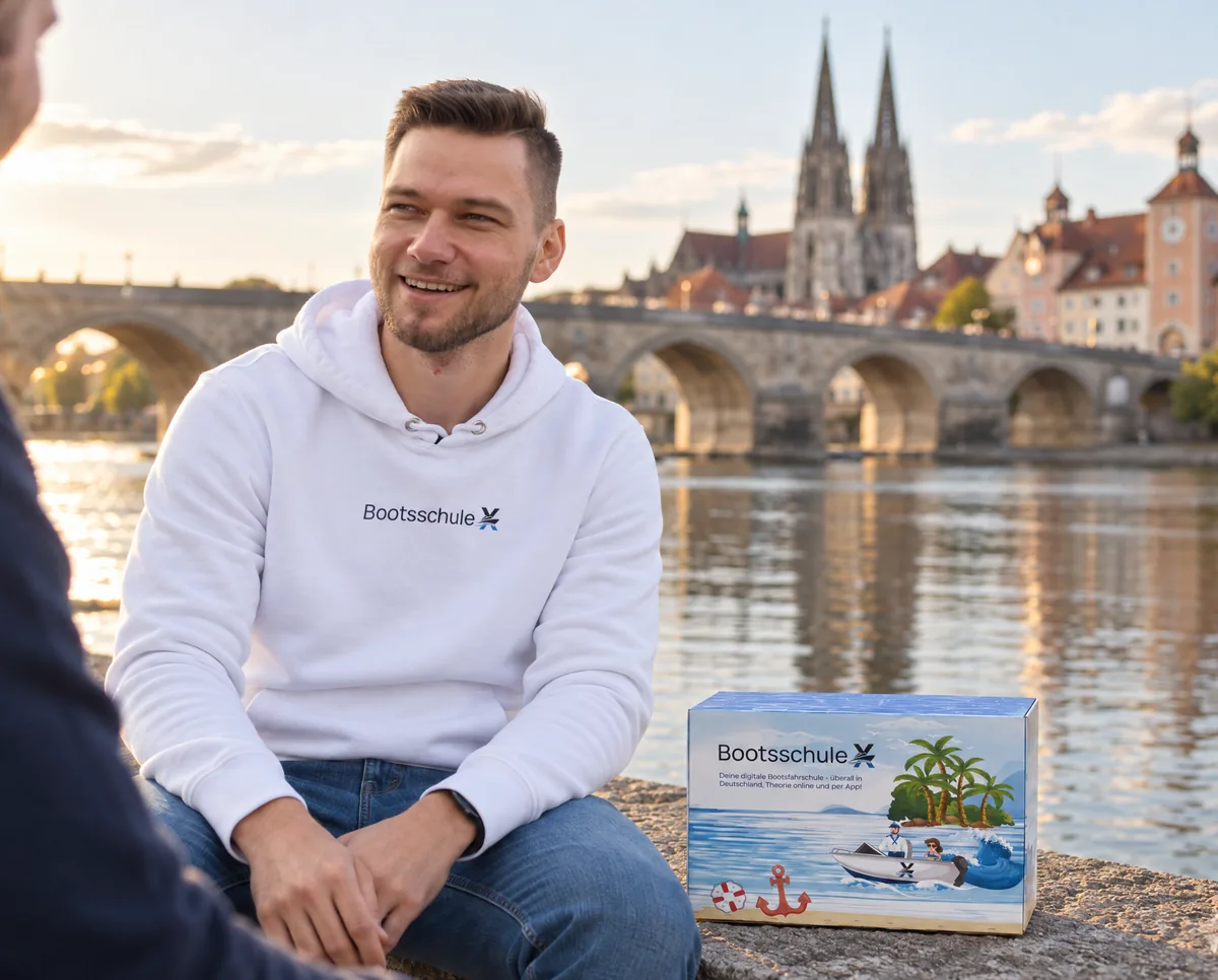 Mann im BootsschuleX-Pullover sitzt an der Donau, neben ihm die Willkommensbox, dahinter die Steinerne Brücke und der Dom