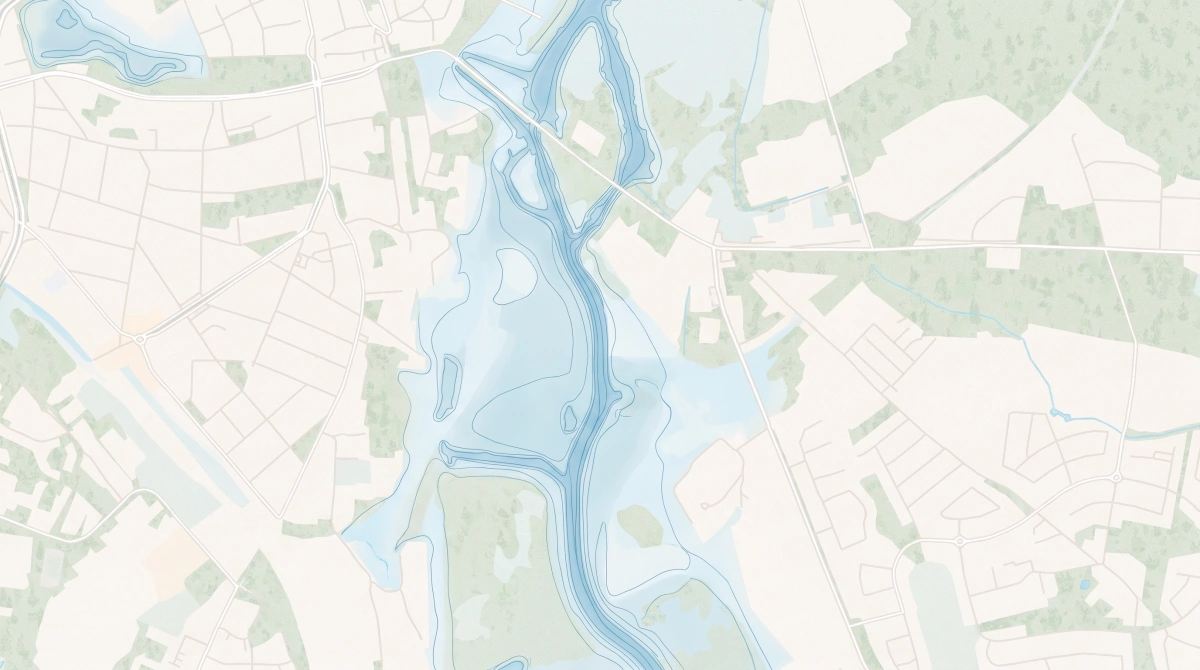 Stilisierte Karte von oben: das obere Ende der Warnow im Stadtgebiet, der Fluss verengt sich unter mehreren Brücken