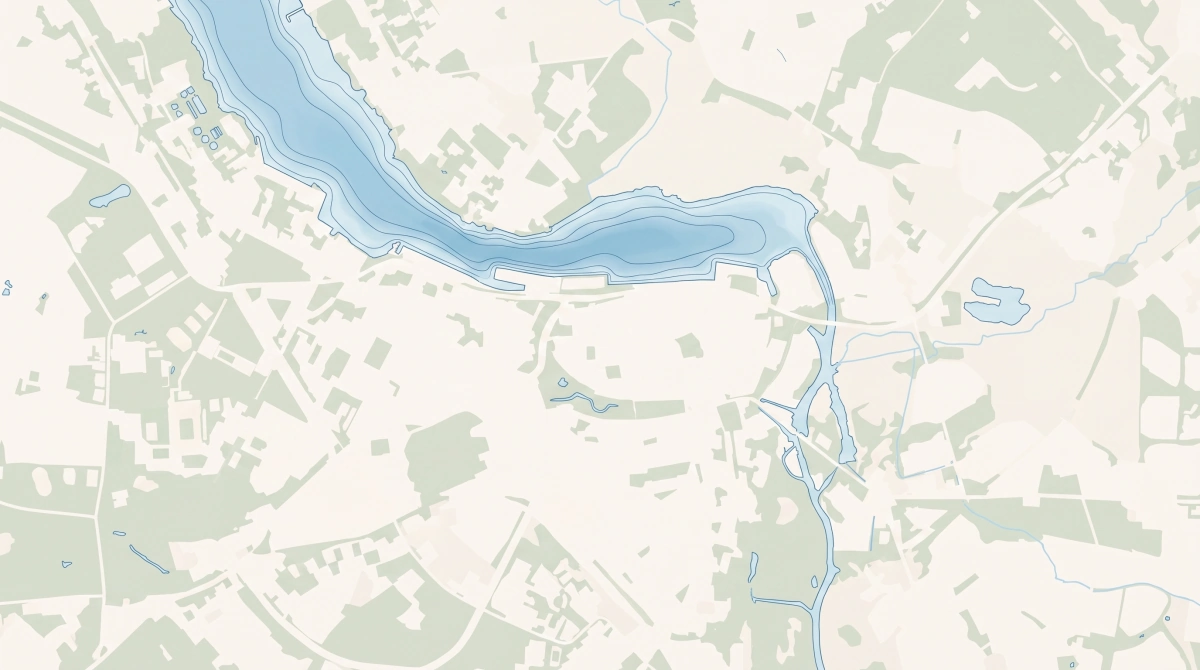 Stilisierte Karte von oben: die Warnow weitet sich zu einem breiten Hafenbecken und läuft nach Norden zur Ostsee