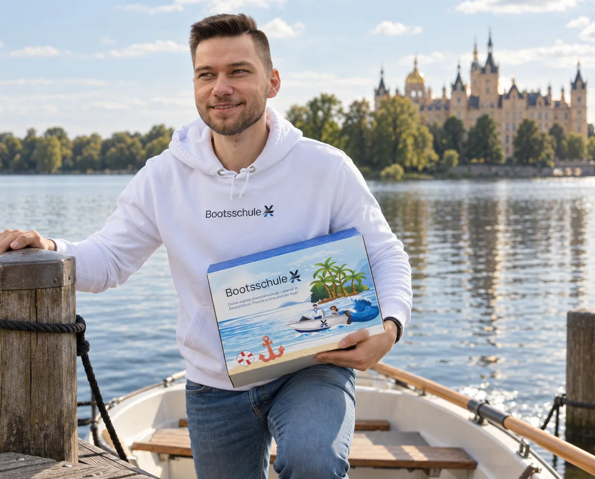 Mann im BootsschuleX-Pullover steigt mit der Willkommensbox aus einem Ruderboot an den Steg, dahinter das Schloss am See