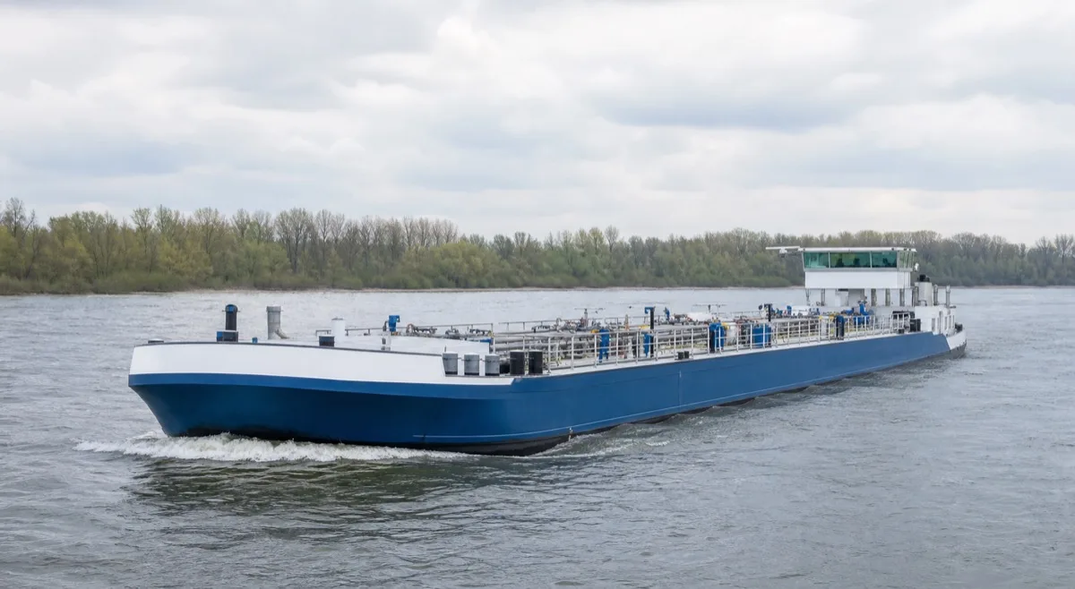 Blau-weißes Tankmotorschiff in Fahrt auf einem breiten Strom, dahinter eine flache bewaldete Uferlinie unter bedecktem Himmel