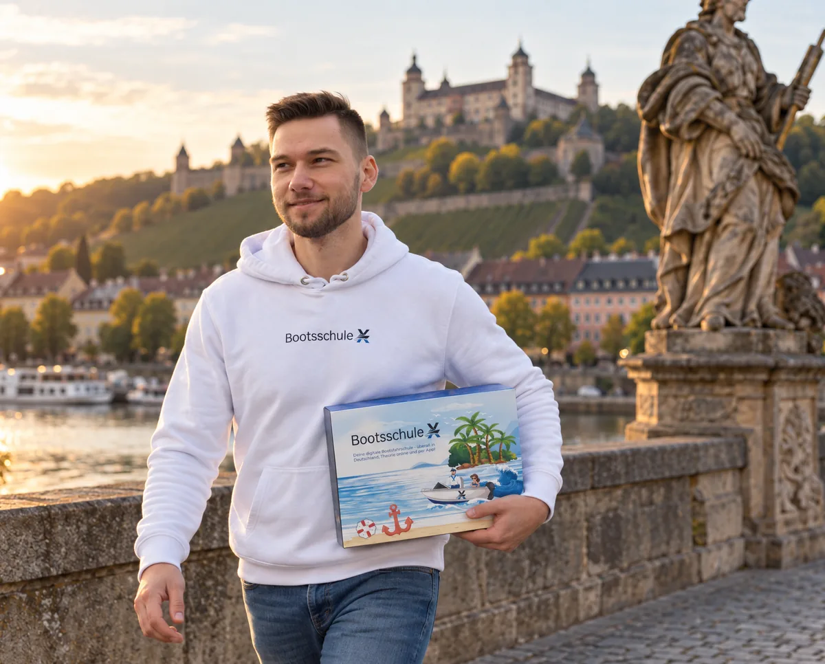 Mann im BootsschuleX-Pullover geht mit der Willkommensbox über eine Steinbrücke am Main, dahinter die Festung auf dem Weinberg