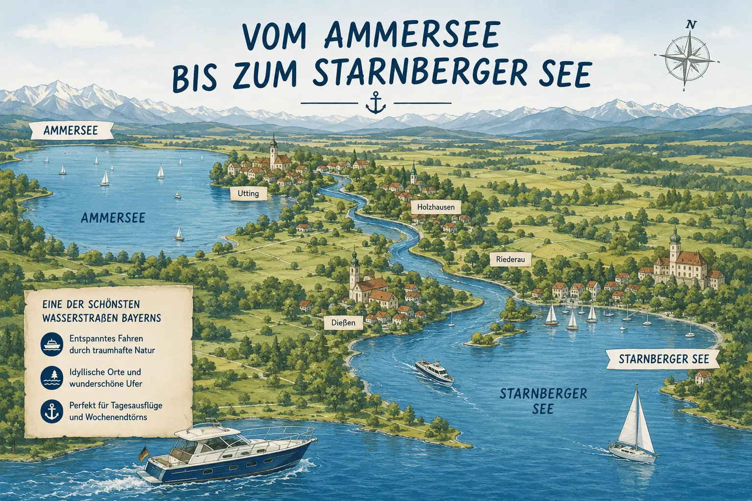 Illustration der Wasserwege vom Ammersee bis zum Starnberger See mit Booten, bayerischer Landschaft und Seenroute für Freizeitkapitäne und Bootsfahrer