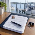 Antragsmappe mit Passbild, Stift und Bootsschlüssel